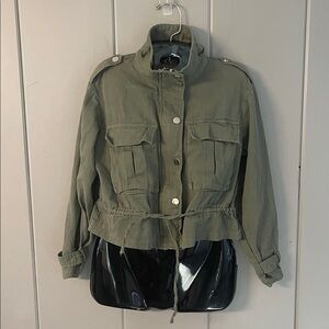 Chic Me Olive Green Jacket Cargo Pockets Cropped Military Utility Small Grunge